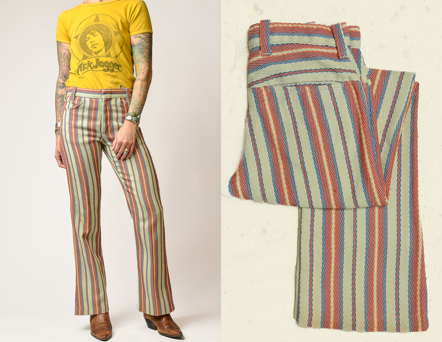 1970s Jacquard Knit Sunburst Stripe Mod Flared Hippie Pants 29 x 27