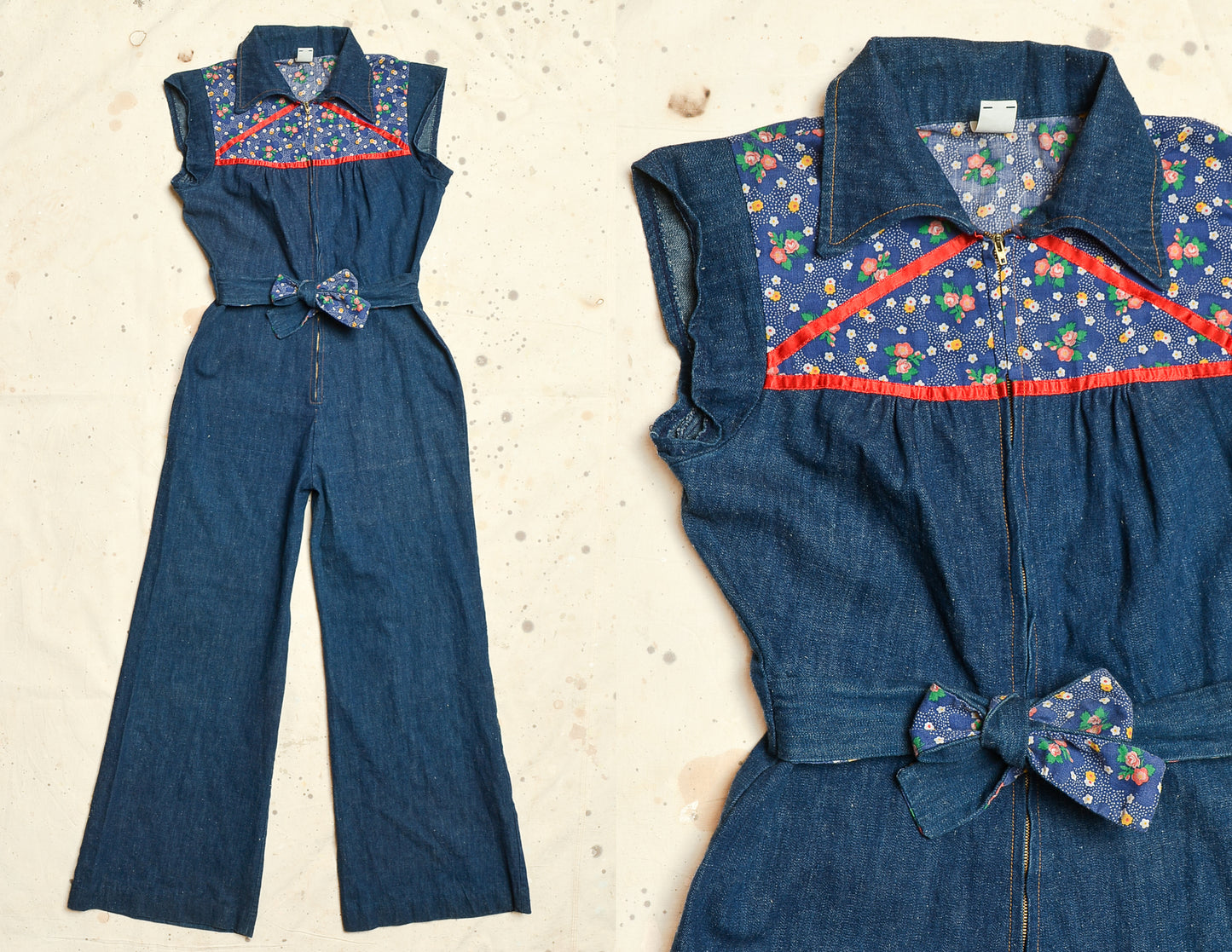 1970s Denim Jumpsuit Dark Indigo with Floral Cotton Tie Front Bell Bottom Bohemian Jumpsuit W 30