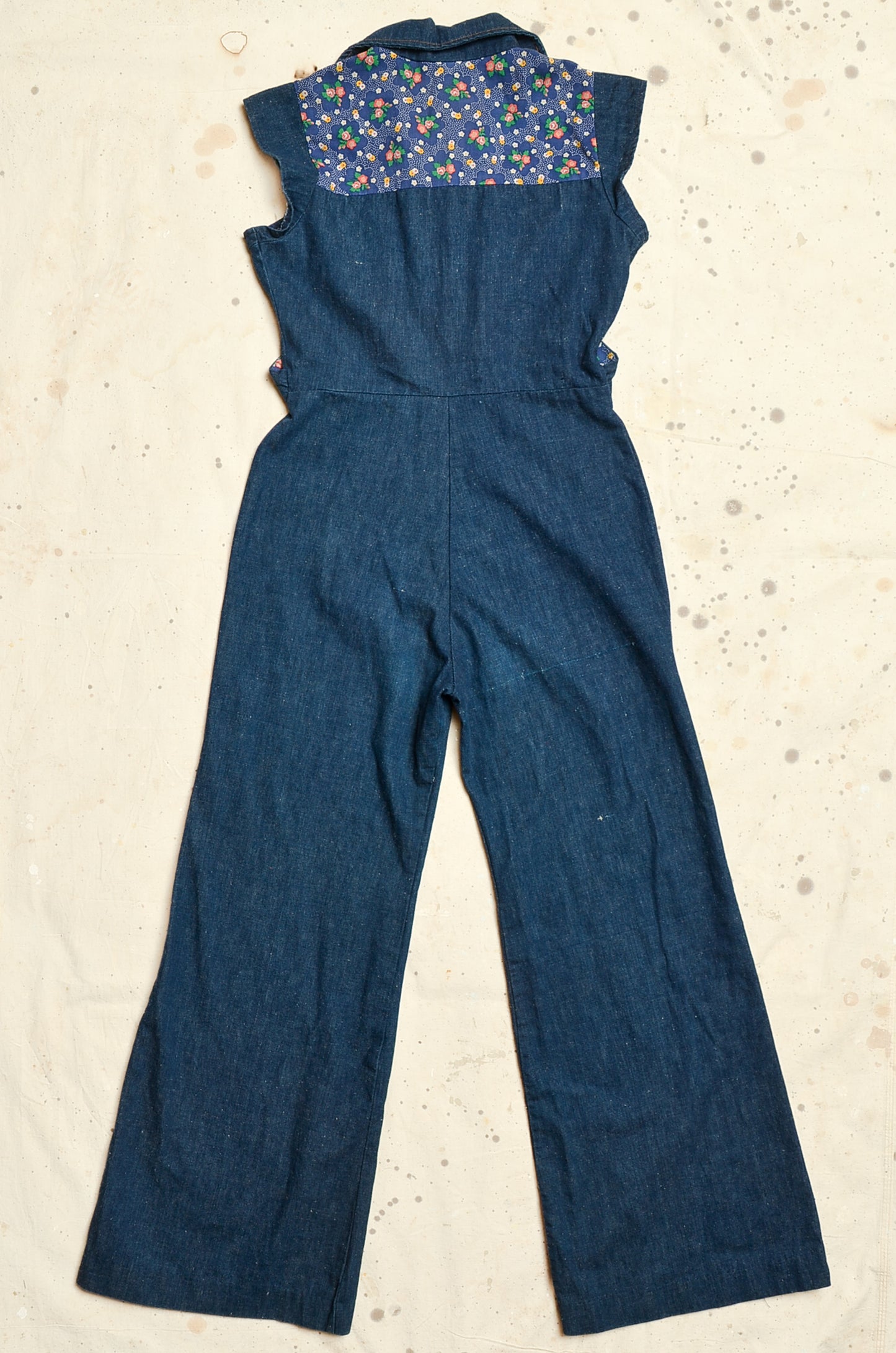 1970s Denim Jumpsuit Dark Indigo with Floral Cotton Tie Front Bell Bottom Bohemian Jumpsuit W 30