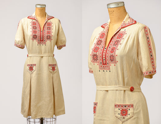 1920s Hungarian Hand Embroidered on Linen Cotton Folk Dress