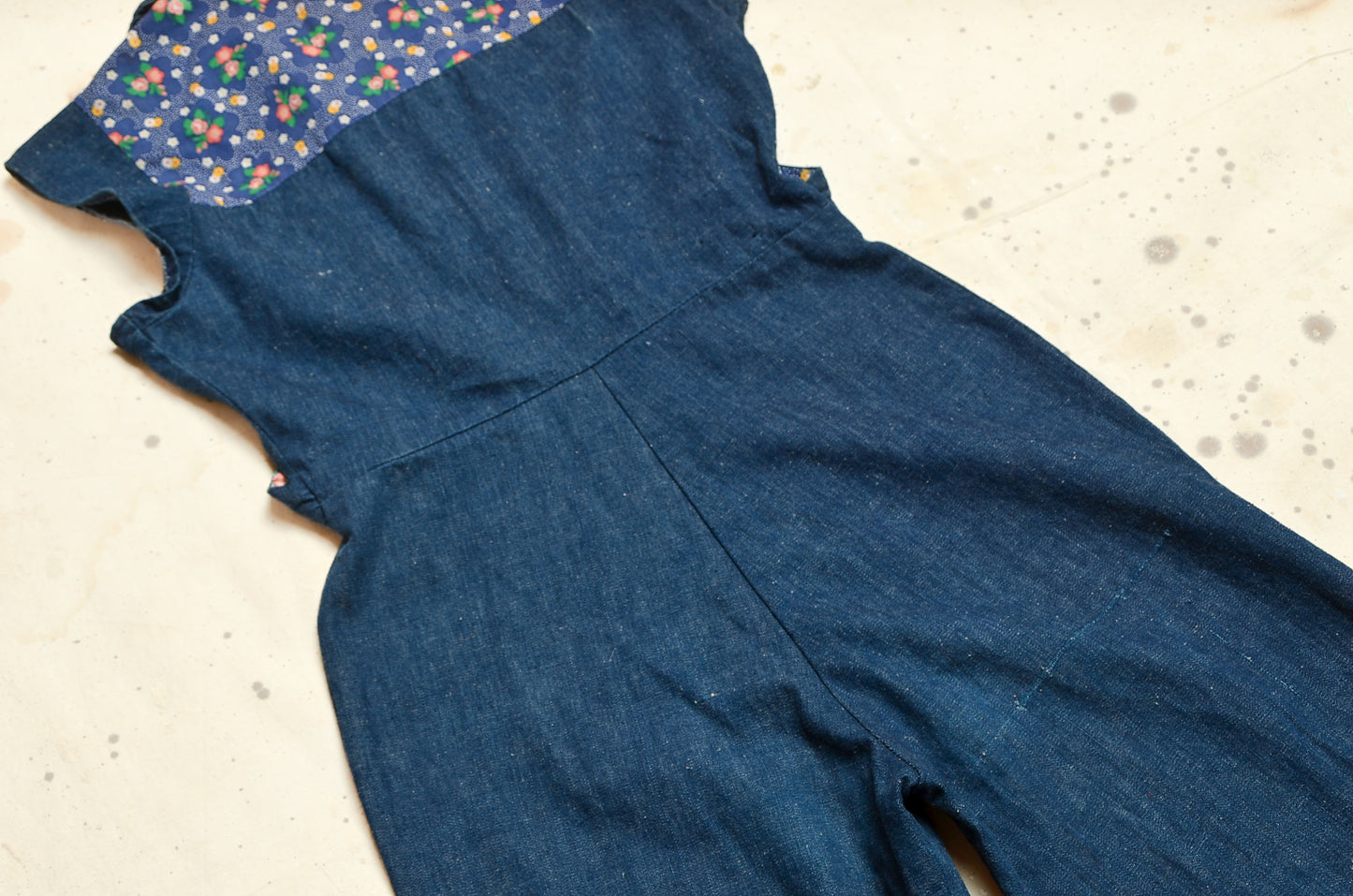 1970s Denim Jumpsuit Dark Indigo with Floral Cotton Tie Front Bell Bottom Bohemian Jumpsuit W 30