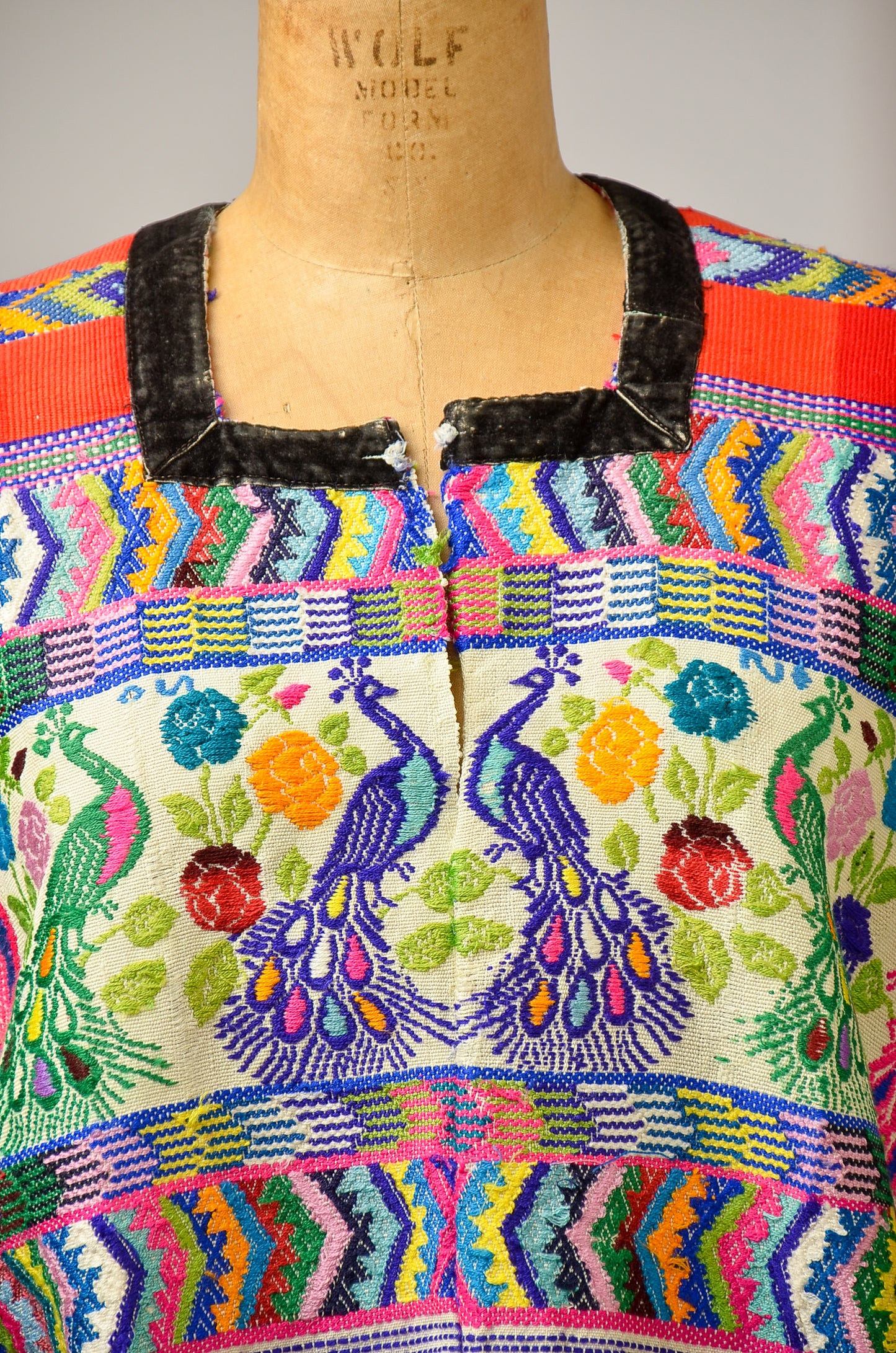 Antique Guatemalan Huipil Blouse Hand Woven Peacock Serape