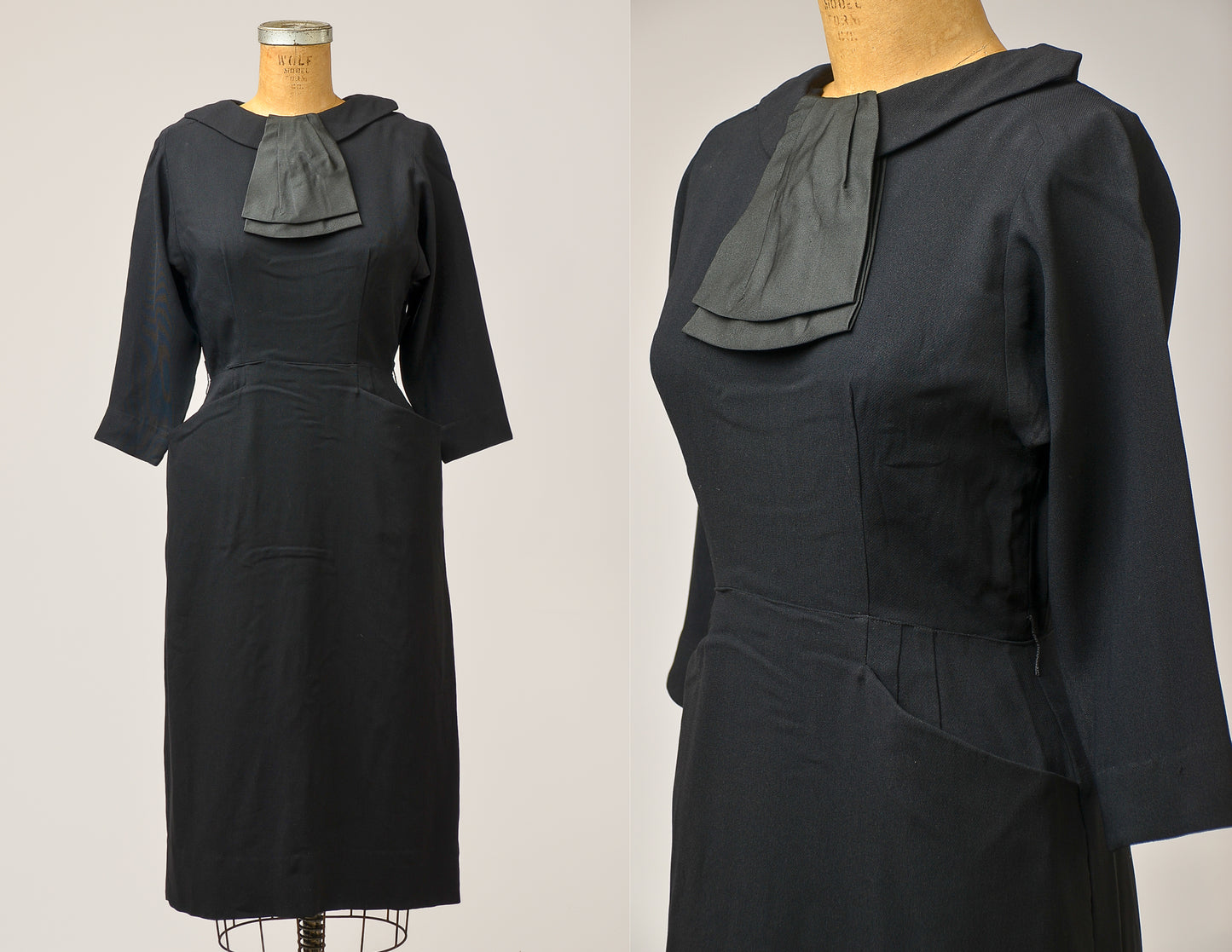 1950s Black Deco Dress Rayon with Big Side Pockets Cocktail Dress