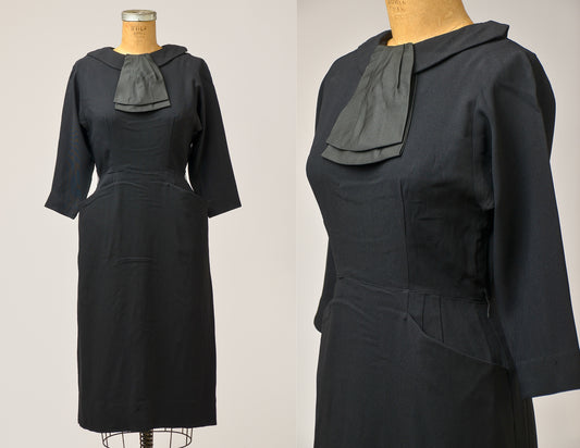 1950s Black Deco Dress Rayon with Big Side Pockets Cocktail Dress