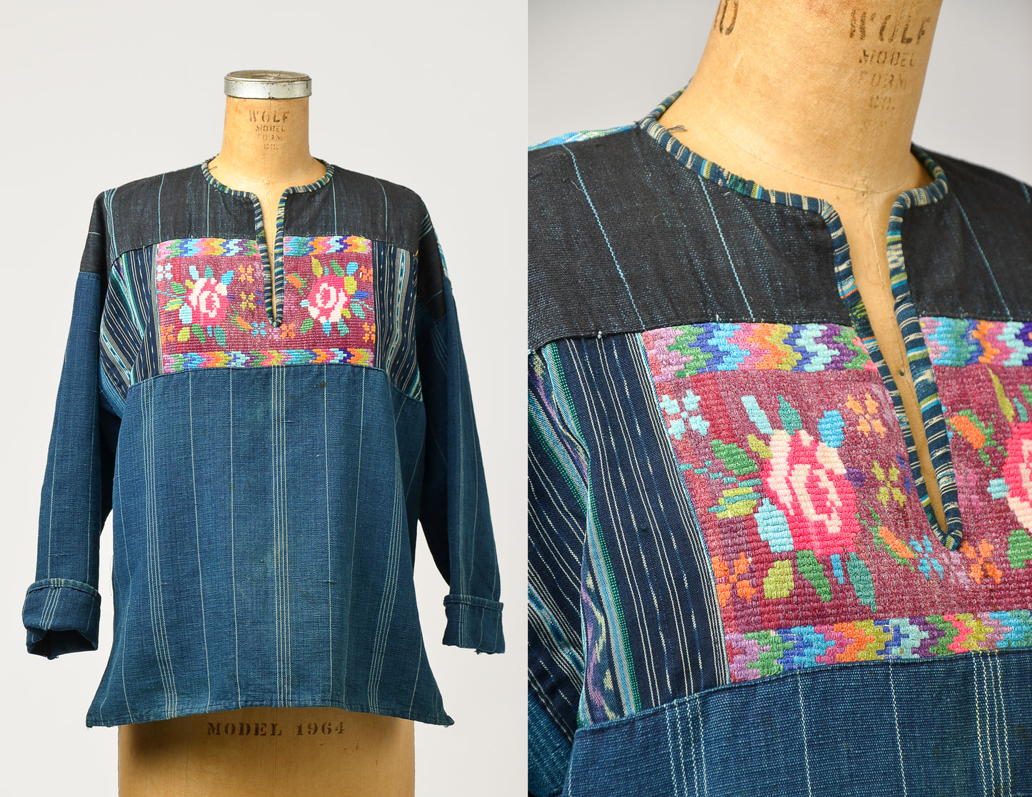 1970s Guatemalan Indigo Denim with Needlepoint Embroidery Folk Shirt