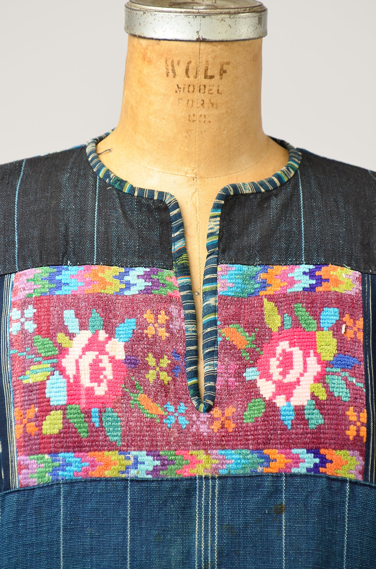 1970s Guatemalan Indigo Denim with Needlepoint Embroidery Folk Shirt