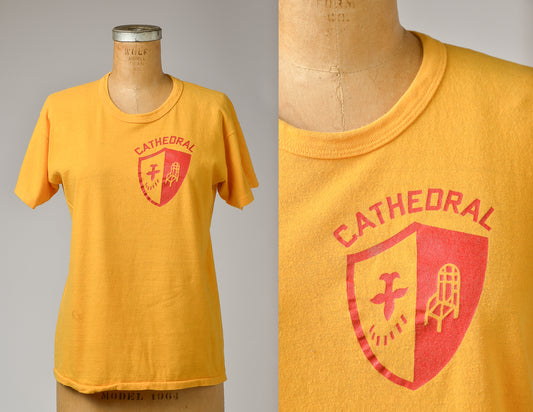 1960s Catholic School T Shirt Russel Athletic Tag Cathedral Crest Gym T Shirt