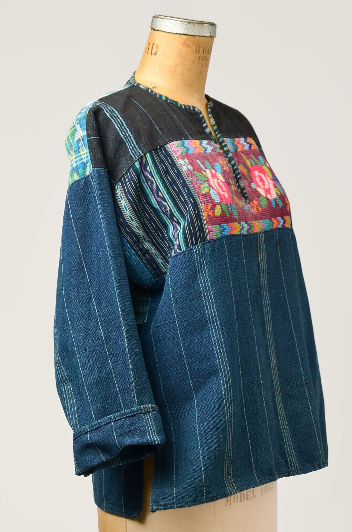 1970s Guatemalan Indigo Denim with Needlepoint Embroidery Folk Shirt