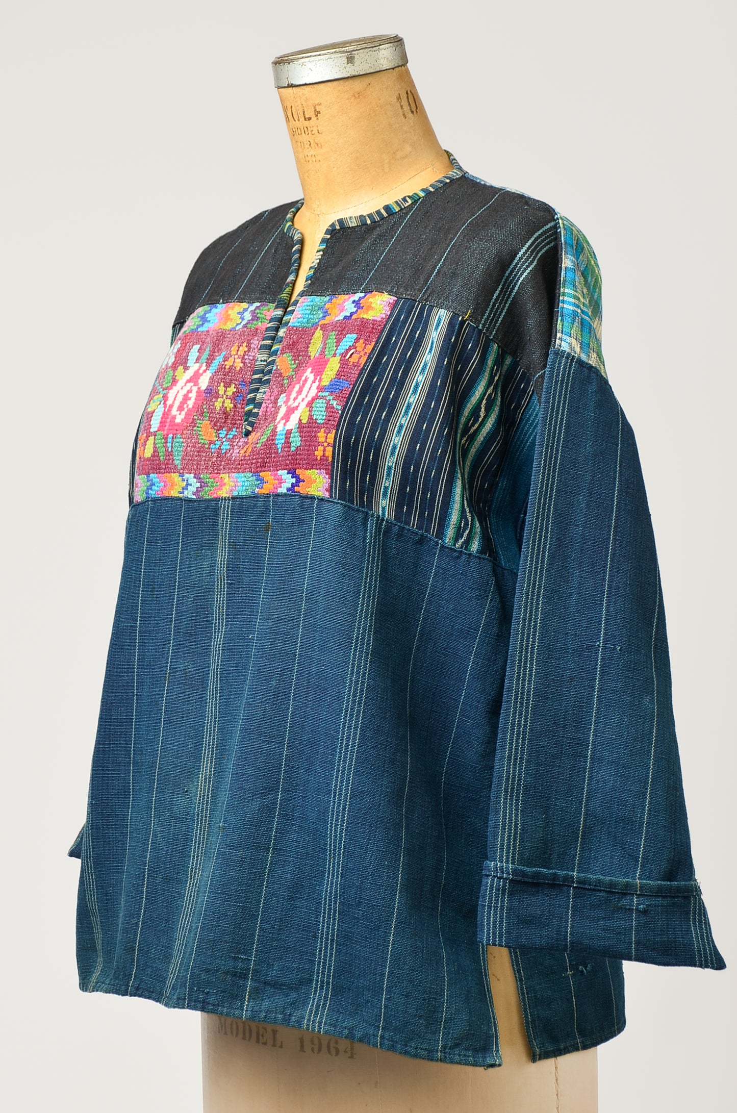 1970s Guatemalan Indigo Denim with Needlepoint Embroidery Folk Shirt