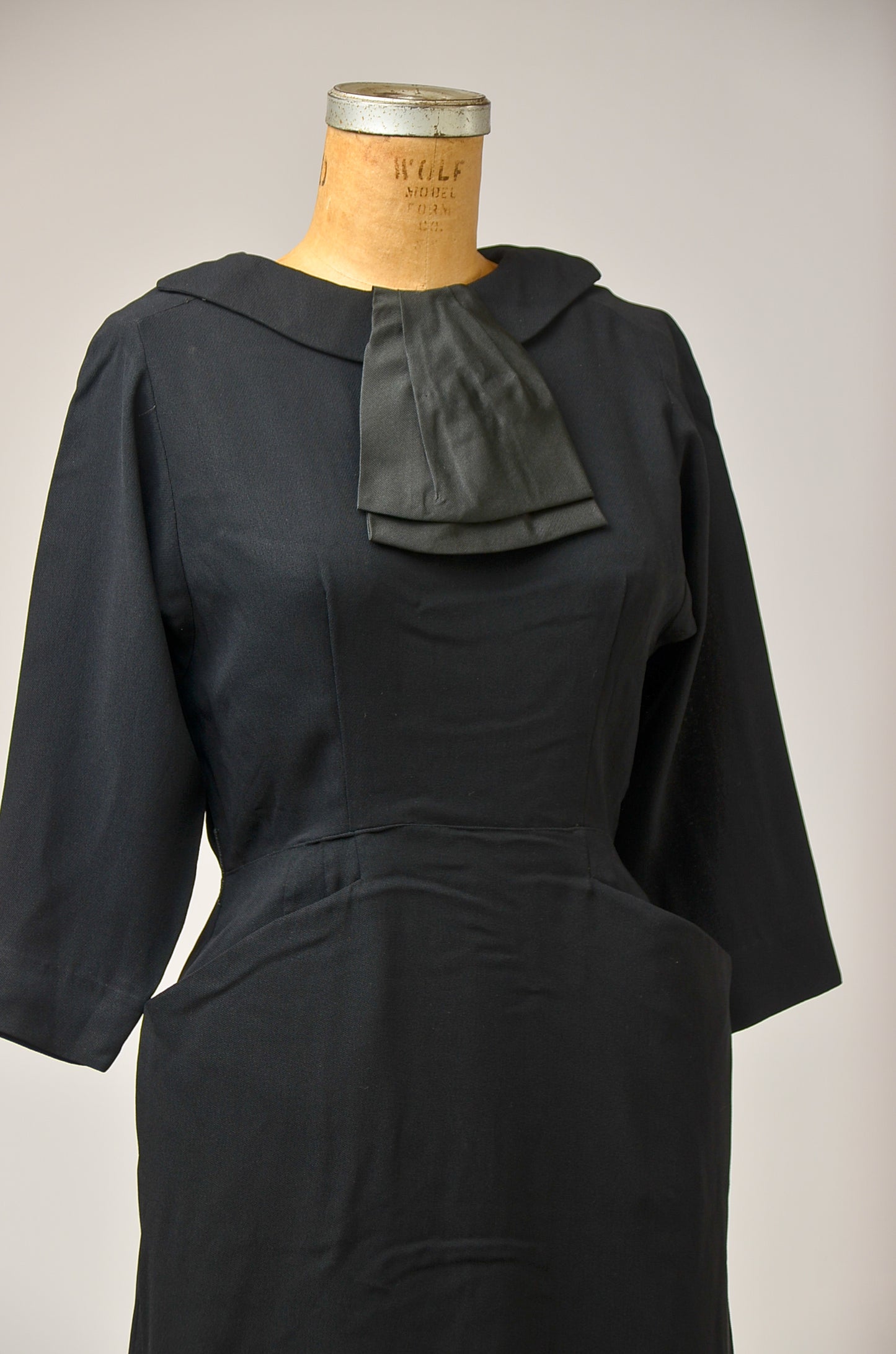 1950s Black Deco Dress Rayon with Big Side Pockets Cocktail Dress