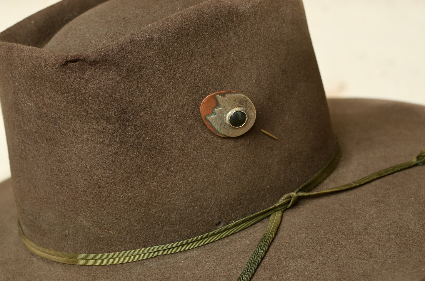 1940s Distressed Western Hat Wide Brim Brown Fur Felt w/ Artisan Copper & Sterling Hat Pin