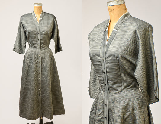 1940s Silver Taffeta Full Circle Dress Rhinestone Button Down Rockabilly Dress