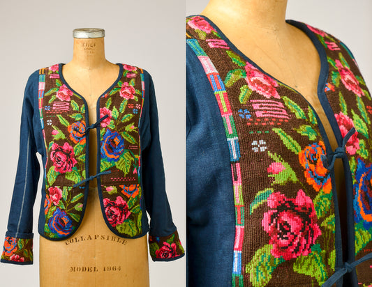 1970s Guatemalan Jacket Indigo Denim with Needlepoint Embroidery Shirt