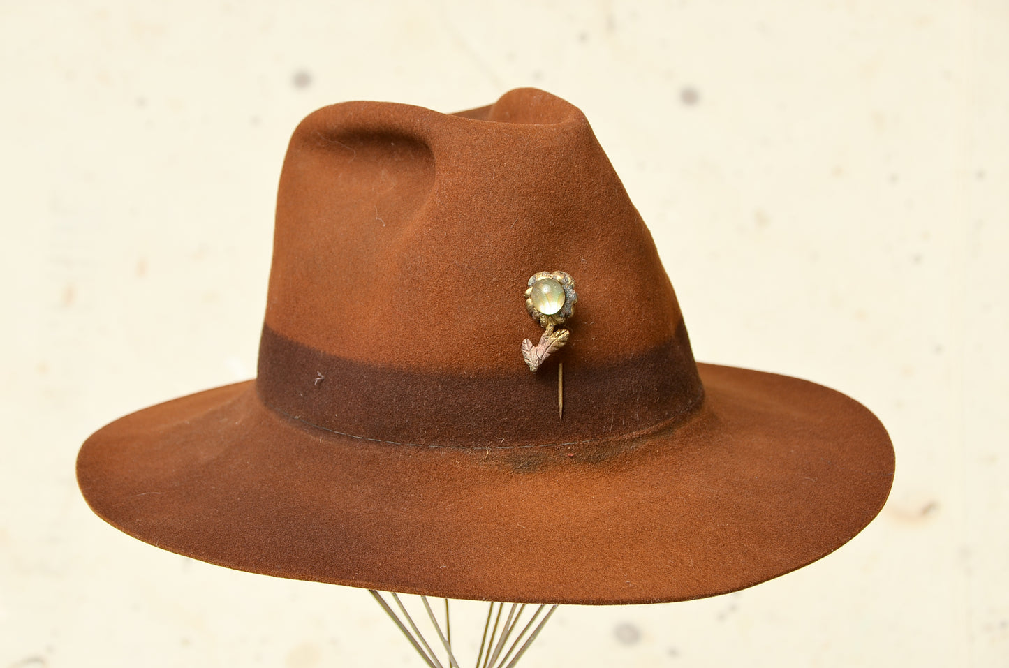 Vintage Distressed Western Hat Sun Faded Orange Wool Felt w/ Handmade Artisan Hat Pin