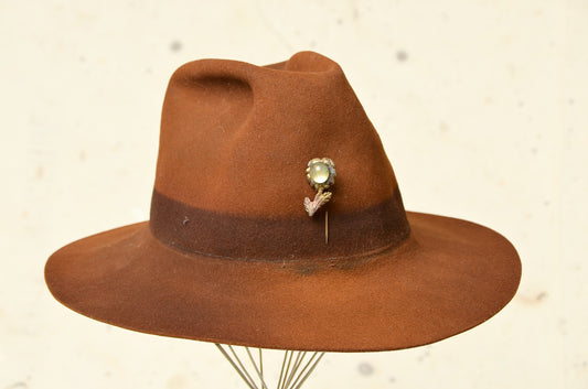 Vintage Distressed Western Hat Sun Faded Orange Wool Felt w/ Handmade Artisan Hat Pin