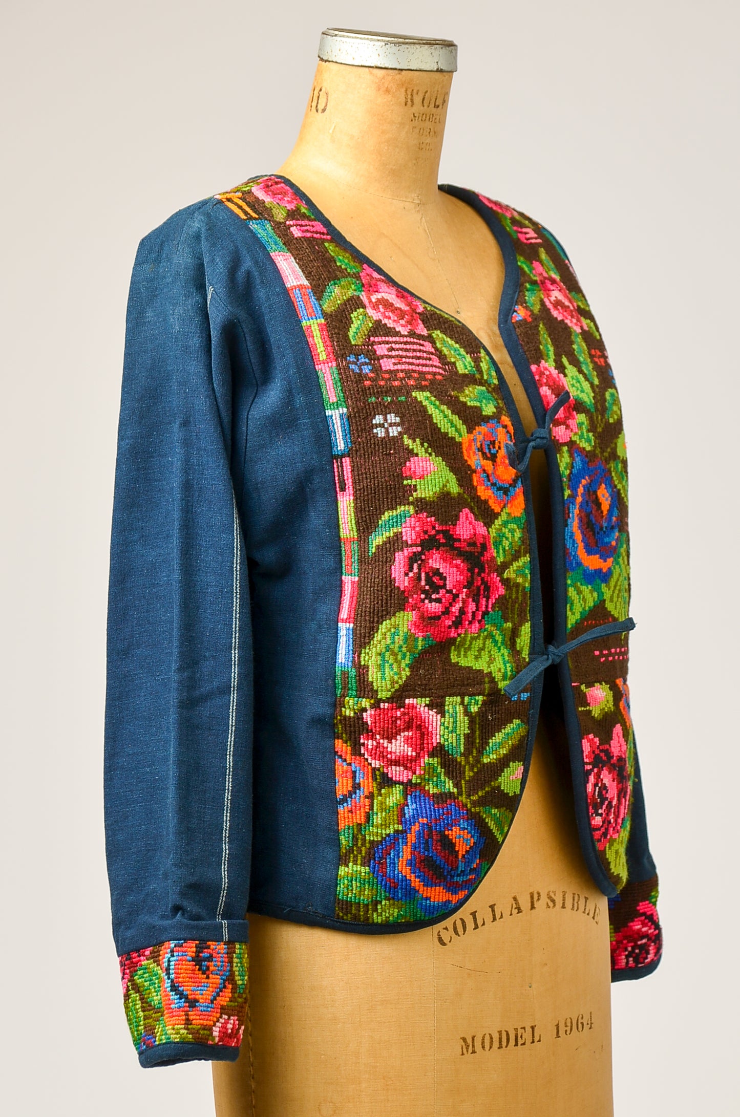 1970s Guatemalan Jacket Indigo Denim with Needlepoint Embroidery Shirt