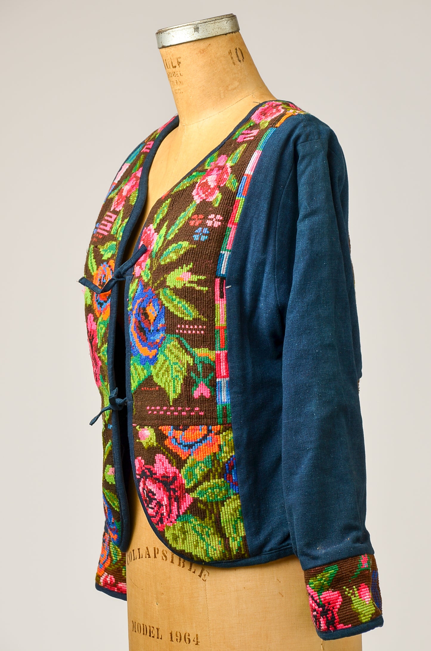 1970s Guatemalan Jacket Indigo Denim with Needlepoint Embroidery Shirt