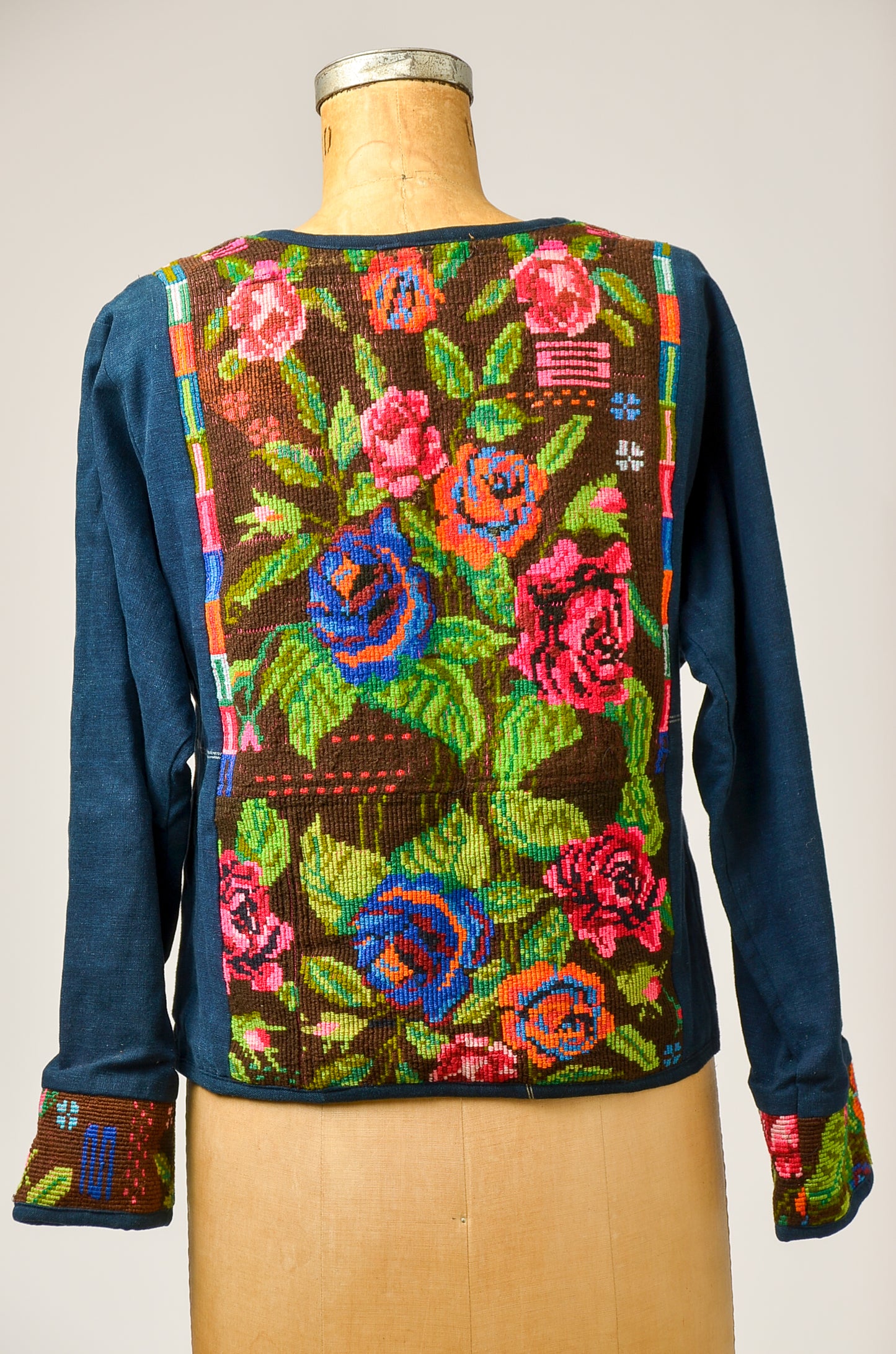 1970s Guatemalan Jacket Indigo Denim with Needlepoint Embroidery Shirt