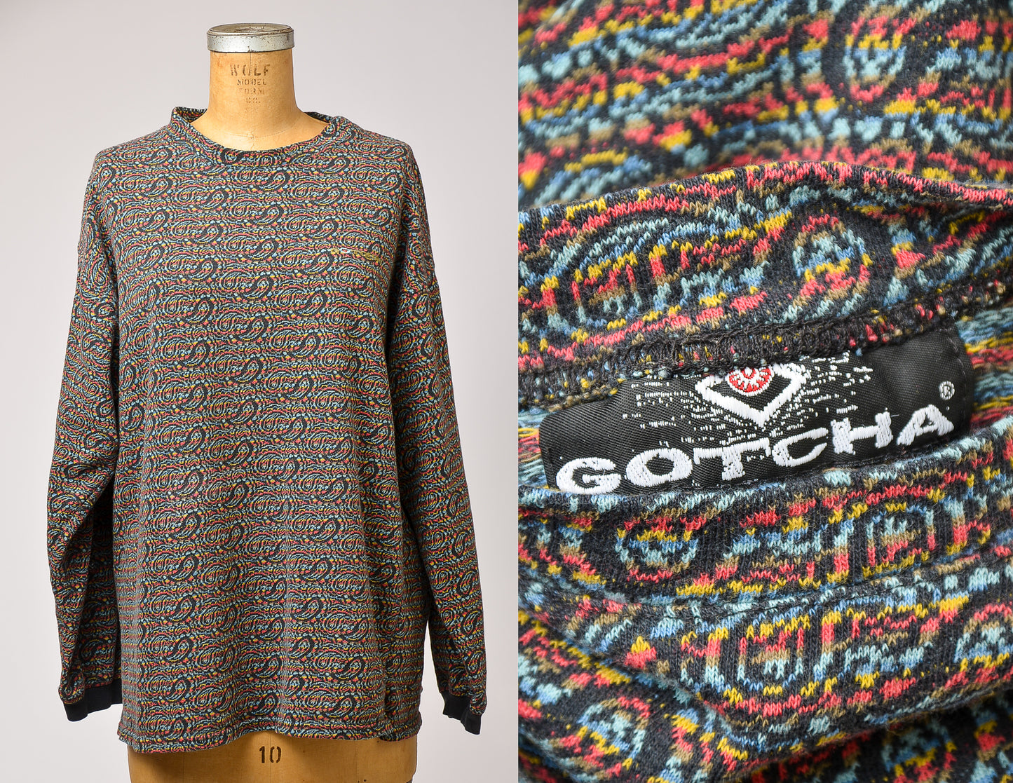 1980s Gotcha Surf Shirt Rainbow Paisley Long Sleeve Knit Shirt