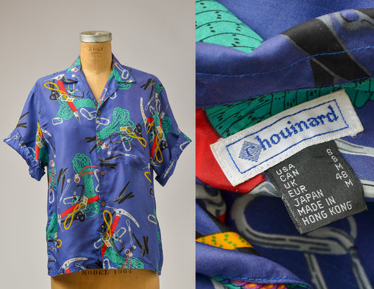 1980s Chouinard Climbing Equipment Shirt Blue Rayon Button Down Outdoorsman Shirt