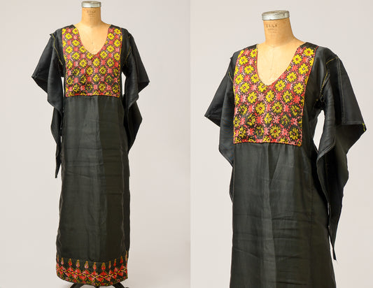 1960s Afghan Hippie Dress Black and Red Embroidered with Witchy Belled Sleeves Folk Dress