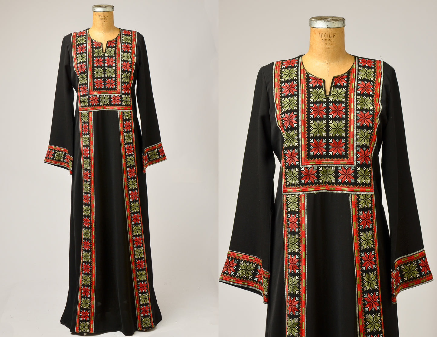 1970s Afghan Dress Dress Black and Red Embroidered Folk Maxi Dress