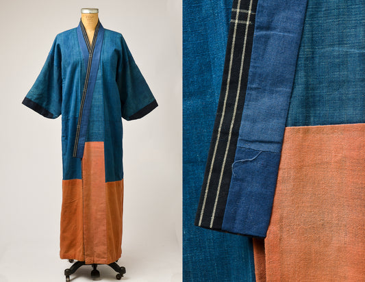 1920s Indigo Denim Japanese Kimono Blue and Coral Long Kimono Jacket