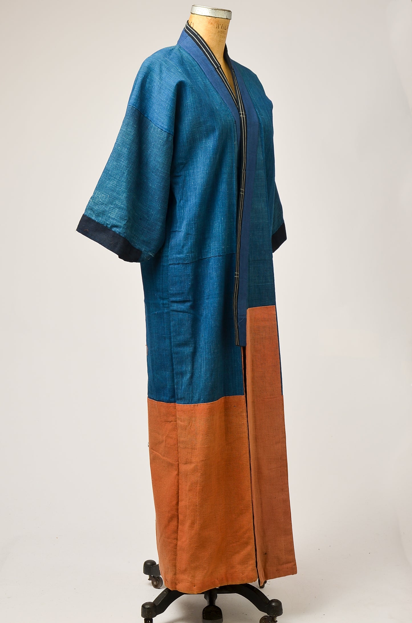 1920s Indigo Denim Japanese Kimono Blue and Coral Long Kimono Jacket