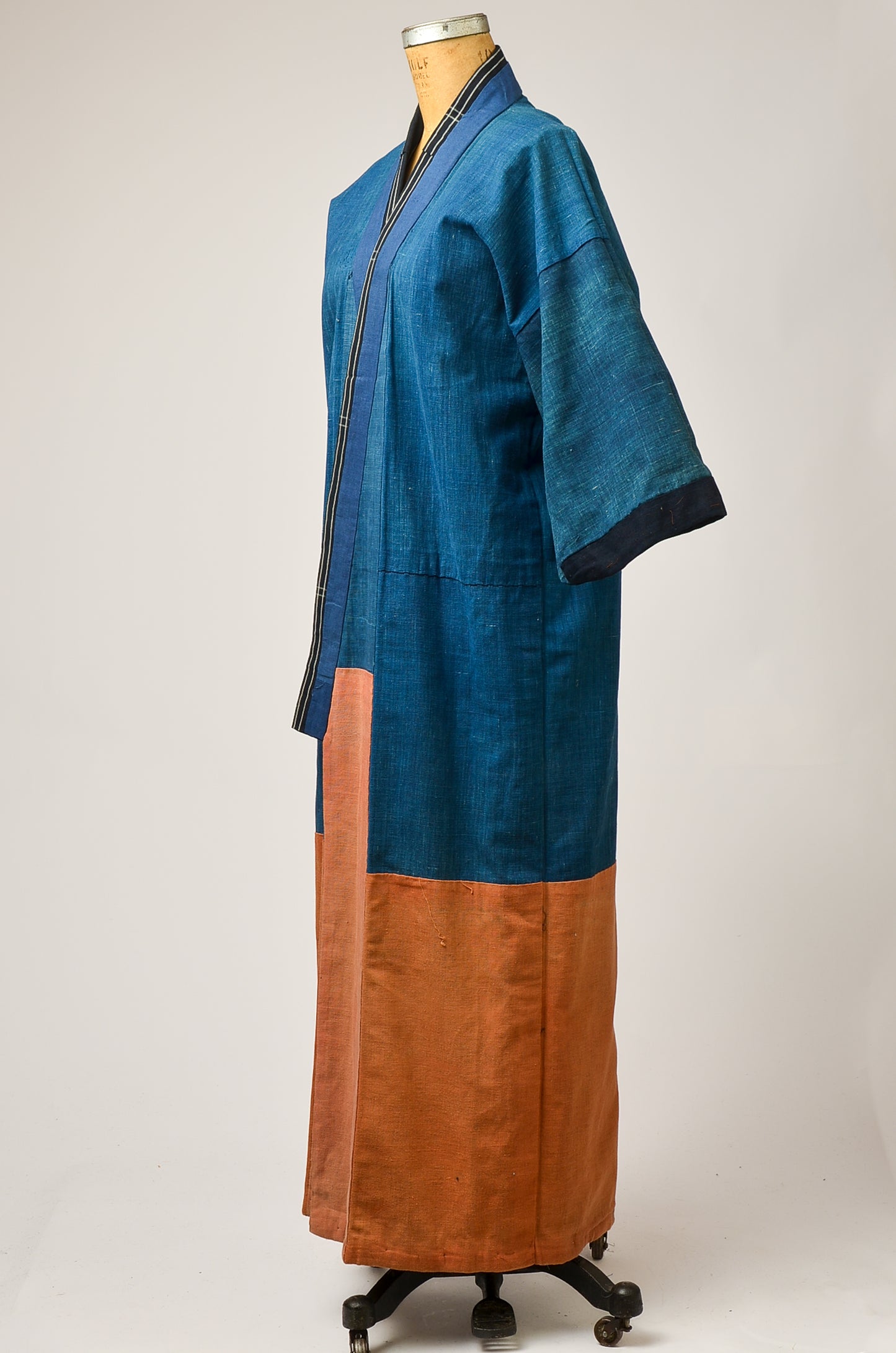 1920s Indigo Denim Japanese Kimono Blue and Coral Long Kimono Jacket