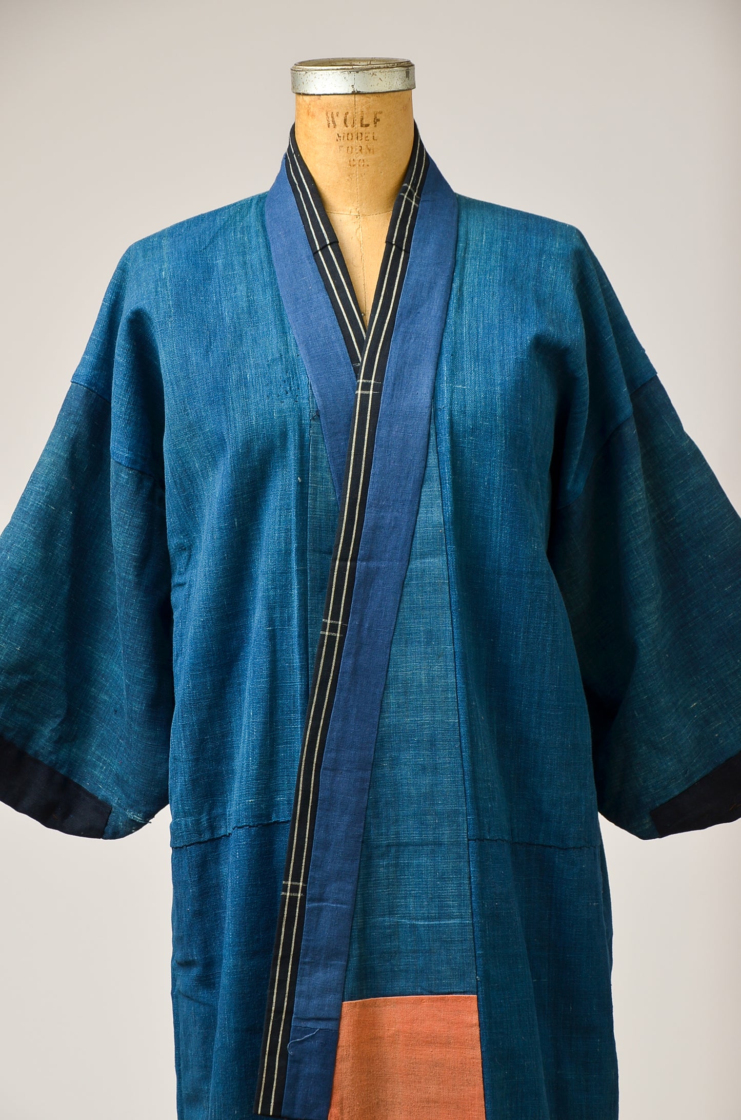 1920s Indigo Denim Japanese Kimono Blue and Coral Long Kimono Jacket