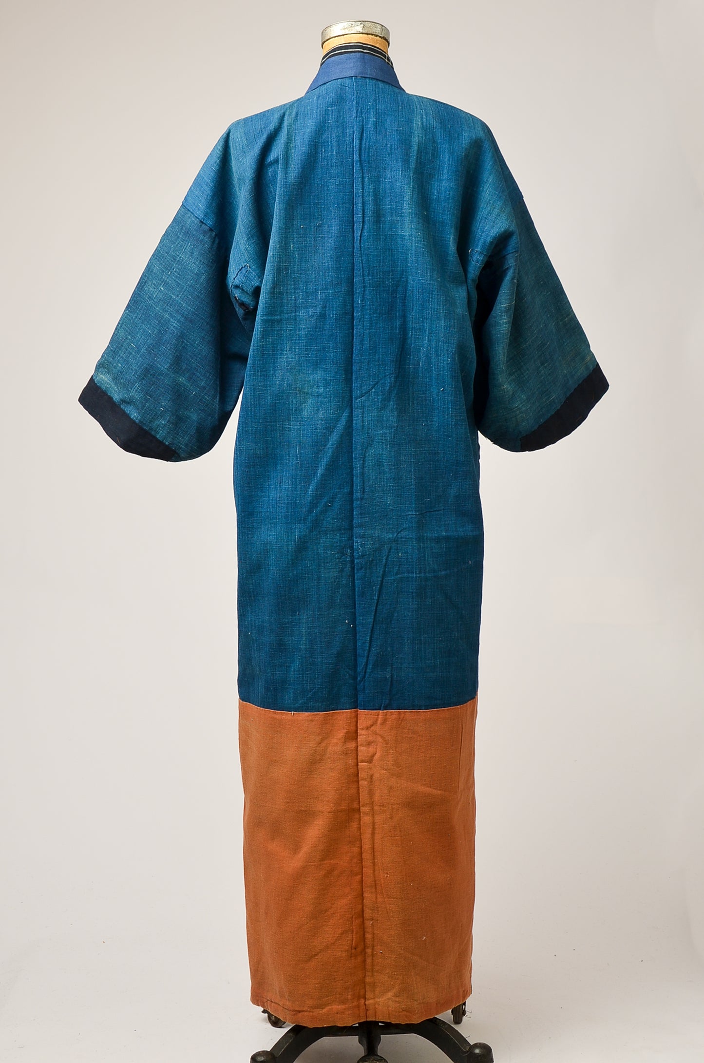 1920s Indigo Denim Japanese Kimono Blue and Coral Long Kimono Jacket