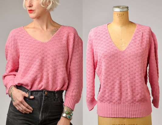 1970s Pink Cotton Checkerboard Knit Sweater