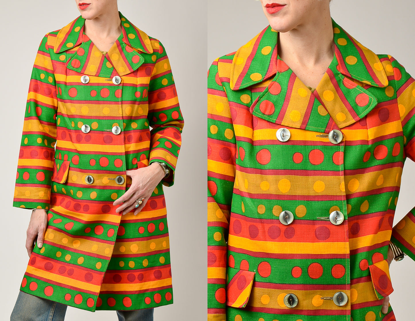 1960s Polka Dot Linen Cotton Coat Coat Double Breasted Pop Art Cotton Coat