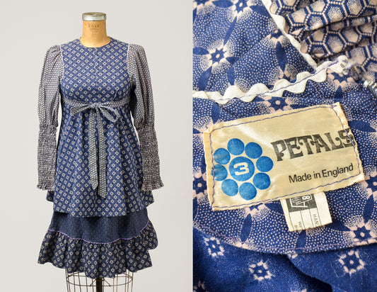 1970s Calico Dolly Dress Set Indigo Blue Cotton Mod Hippie Two Piece Set Petals England