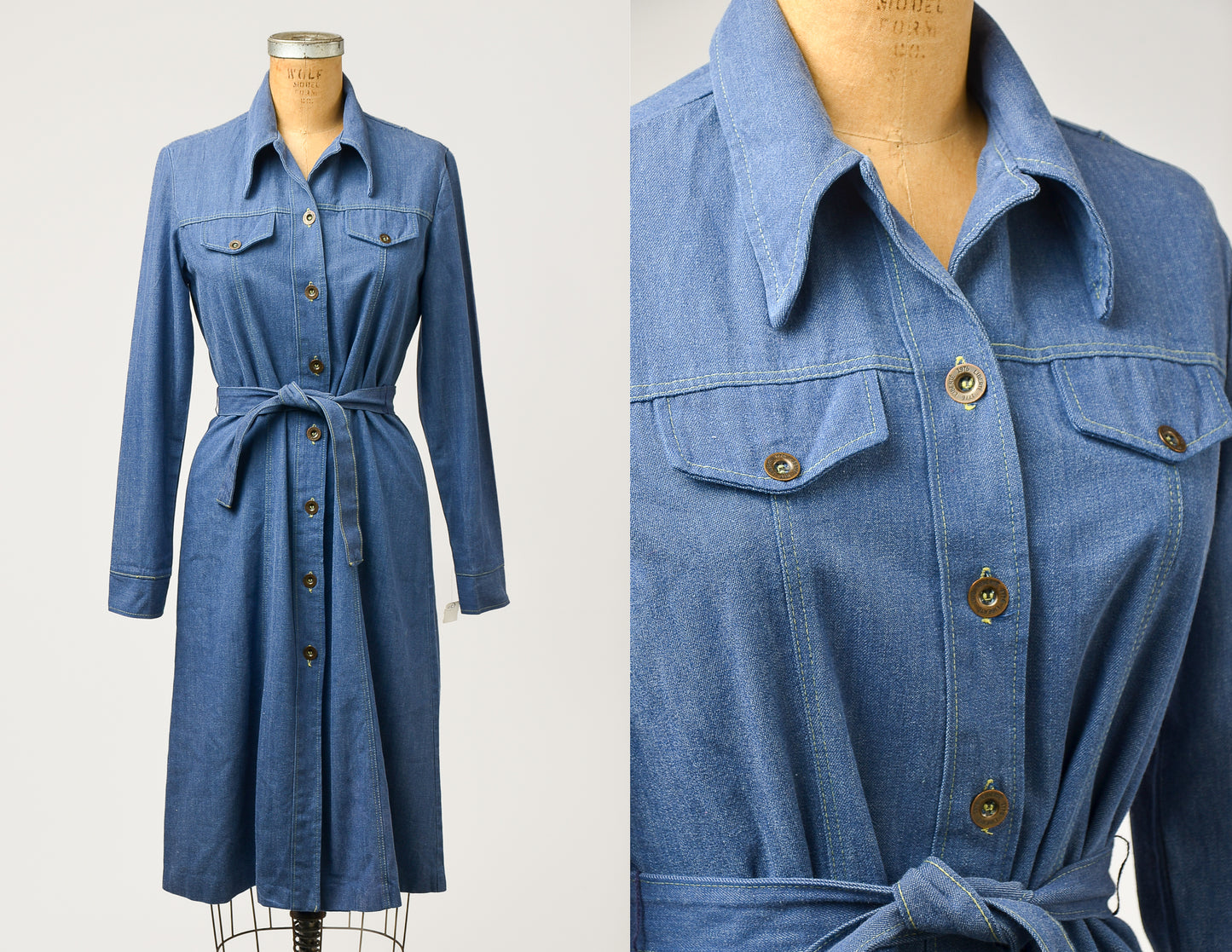 1970s Wrangler Denim Dress Bohemian Button Down Long Sleeve Dress