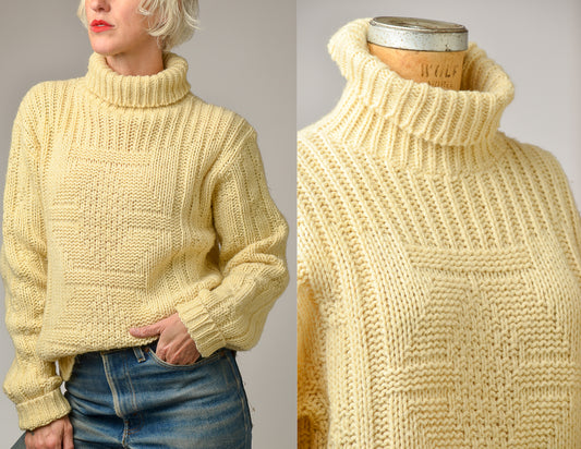 1960s Fisherman Sweater Ivory Wool Knit High Collar Pullover Sweater