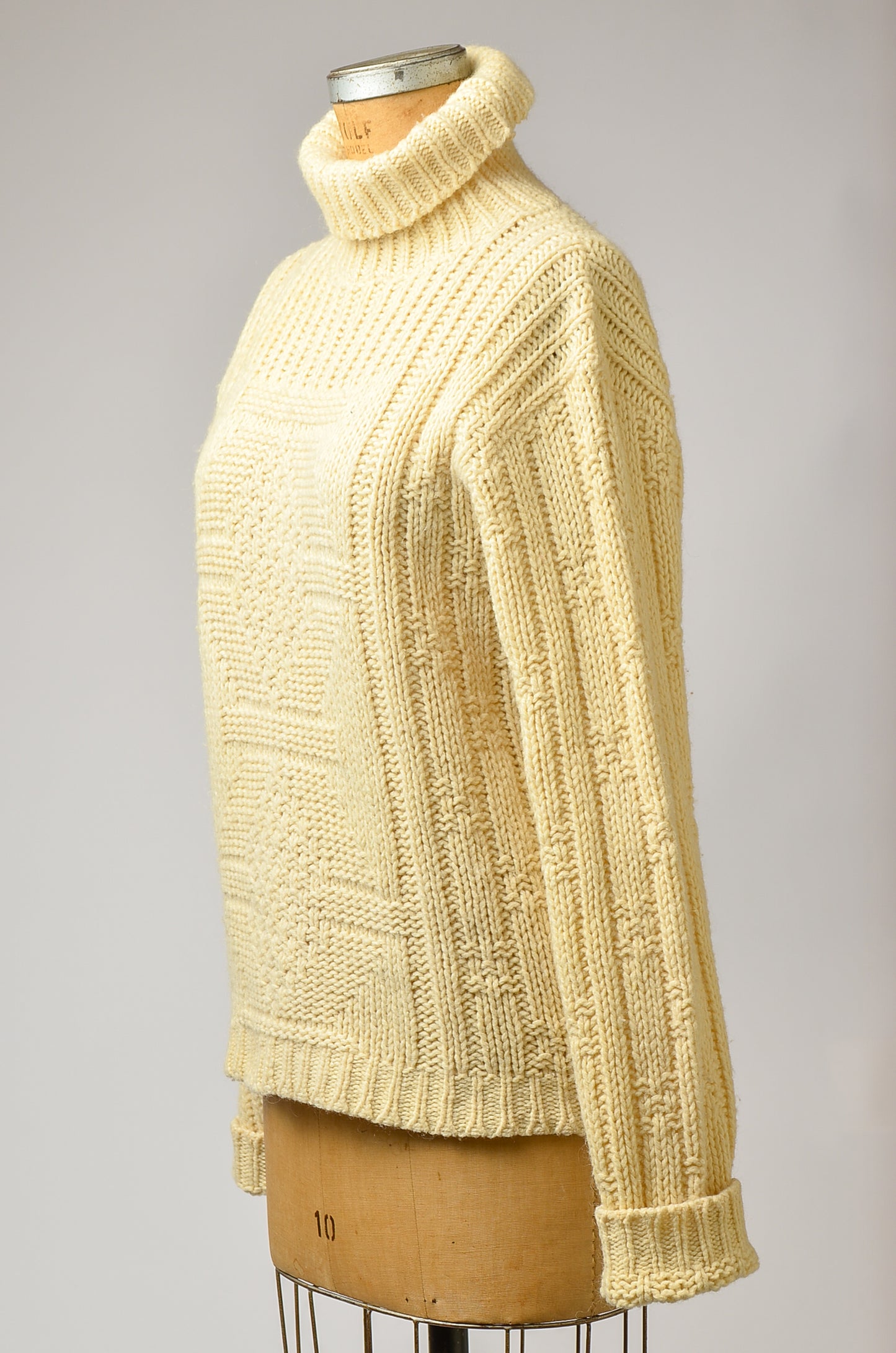 1960s Fisherman Sweater Ivory Wool Knit High Collar Pullover Sweater