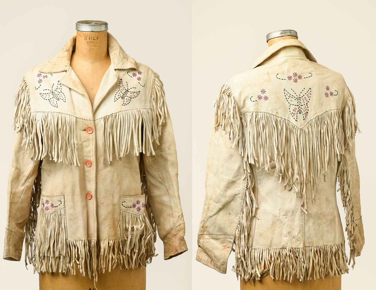 1940s Butterfly Beaded White Leather Fringe Western Jacket