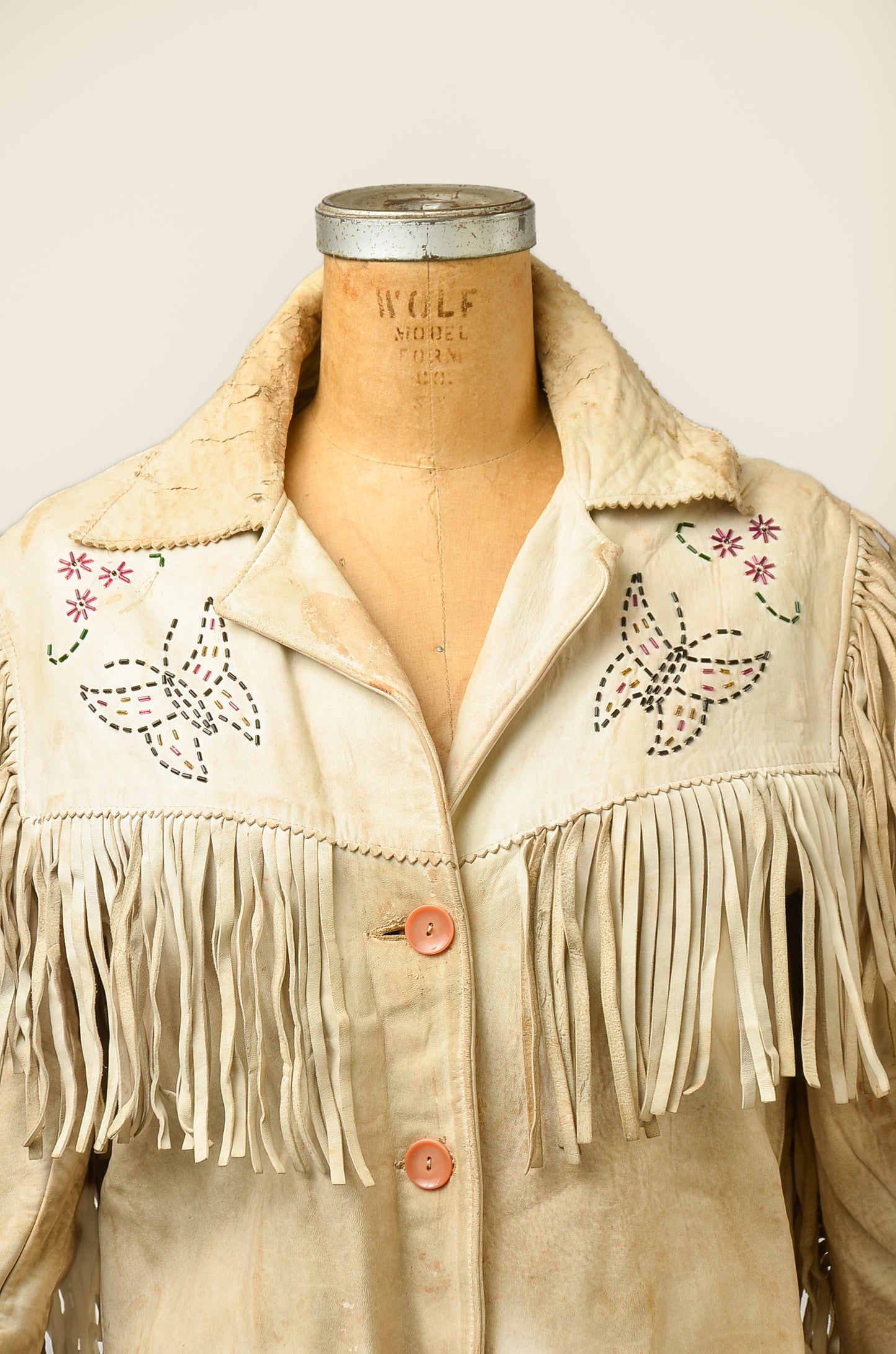 1940s Butterfly Beaded White Leather Fringe Western Jacket