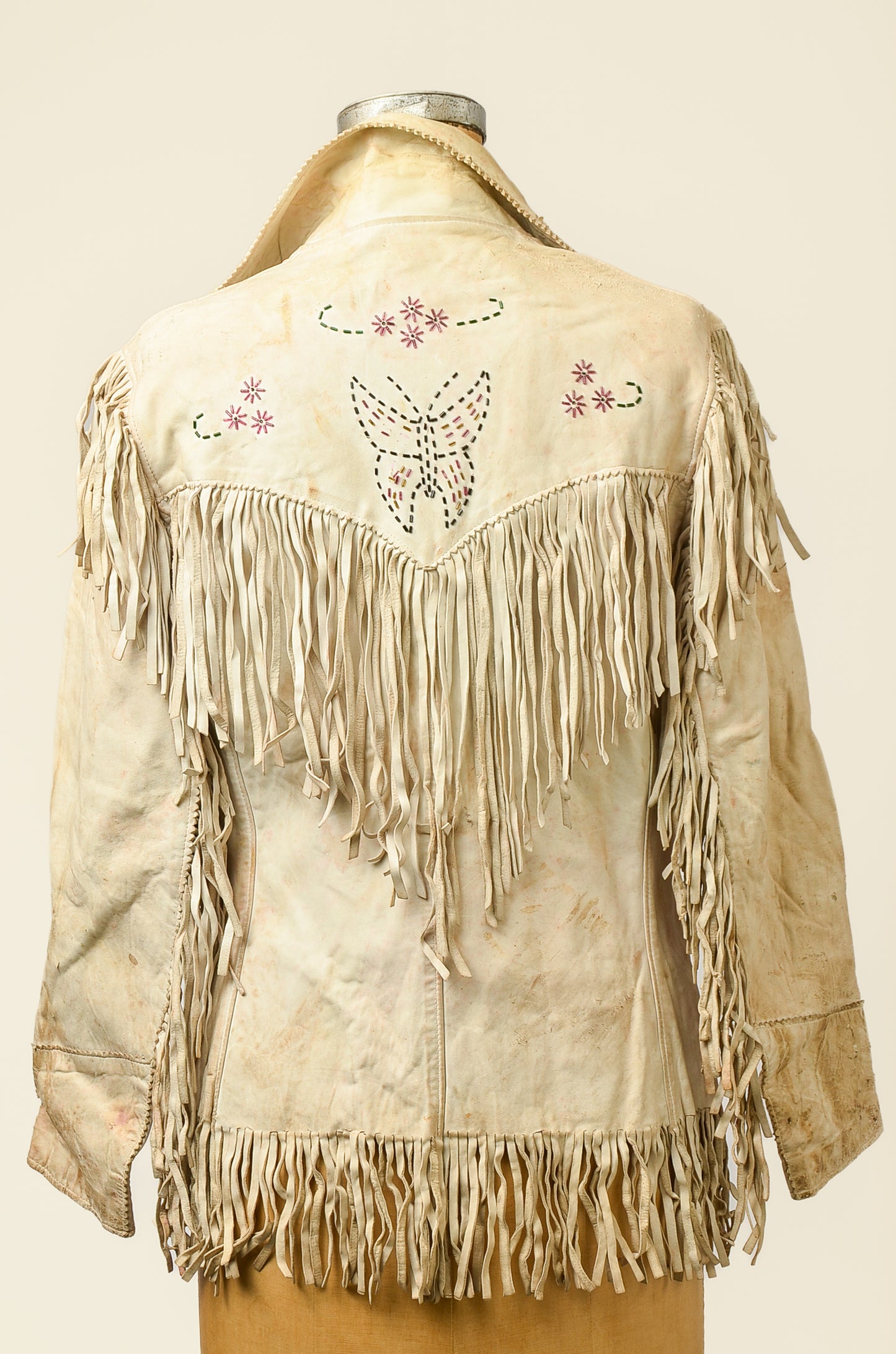 1940s Butterfly Beaded White Leather Fringe Western Jacket