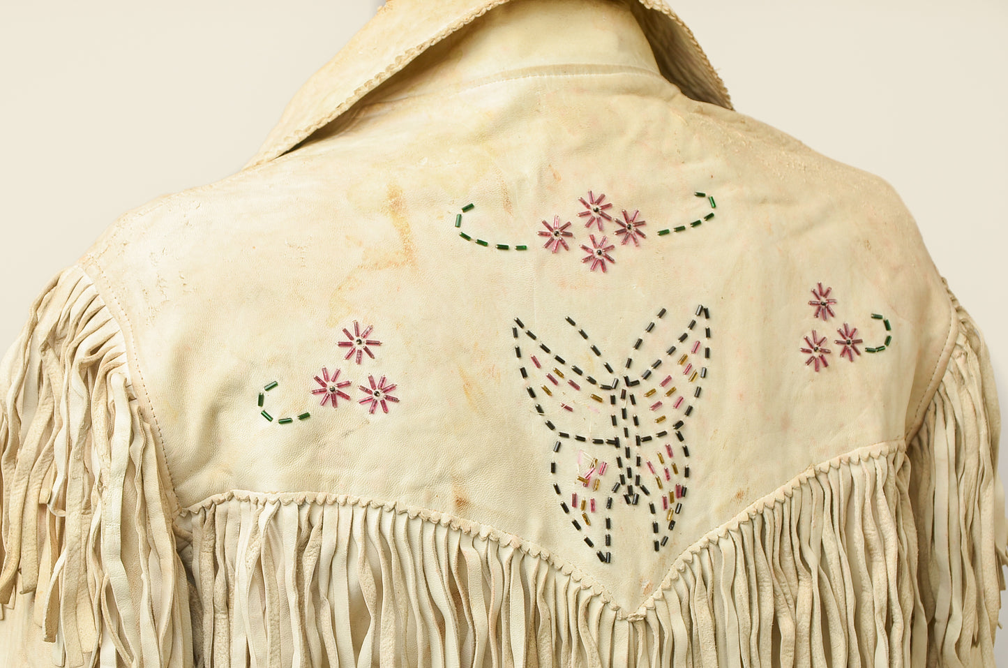 1940s Butterfly Beaded White Leather Fringe Western Jacket