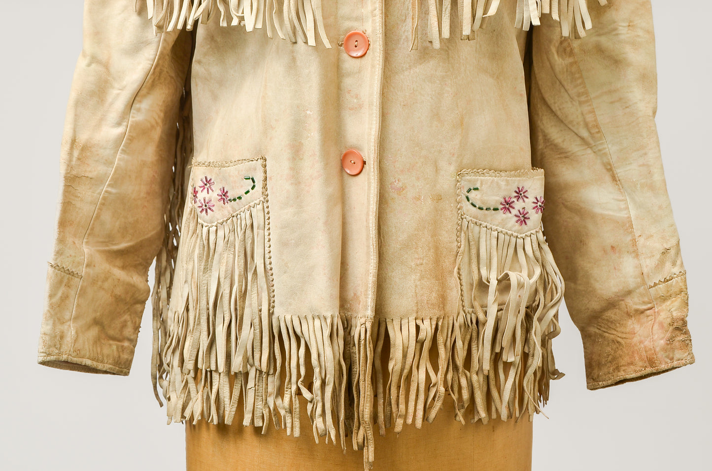 1940s Butterfly Beaded White Leather Fringe Western Jacket