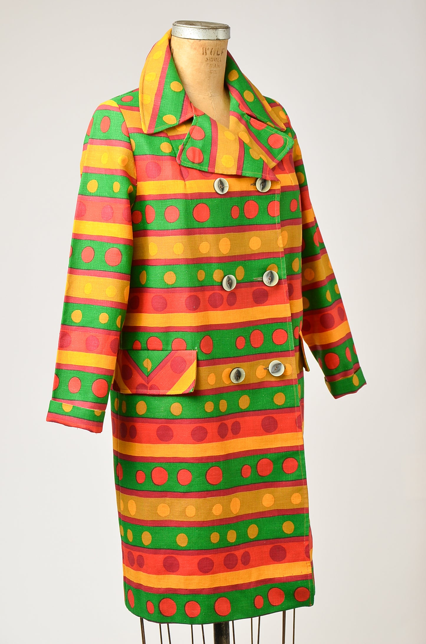 1960s Polka Dot Linen Cotton Coat Coat Double Breasted Pop Art Cotton Coat