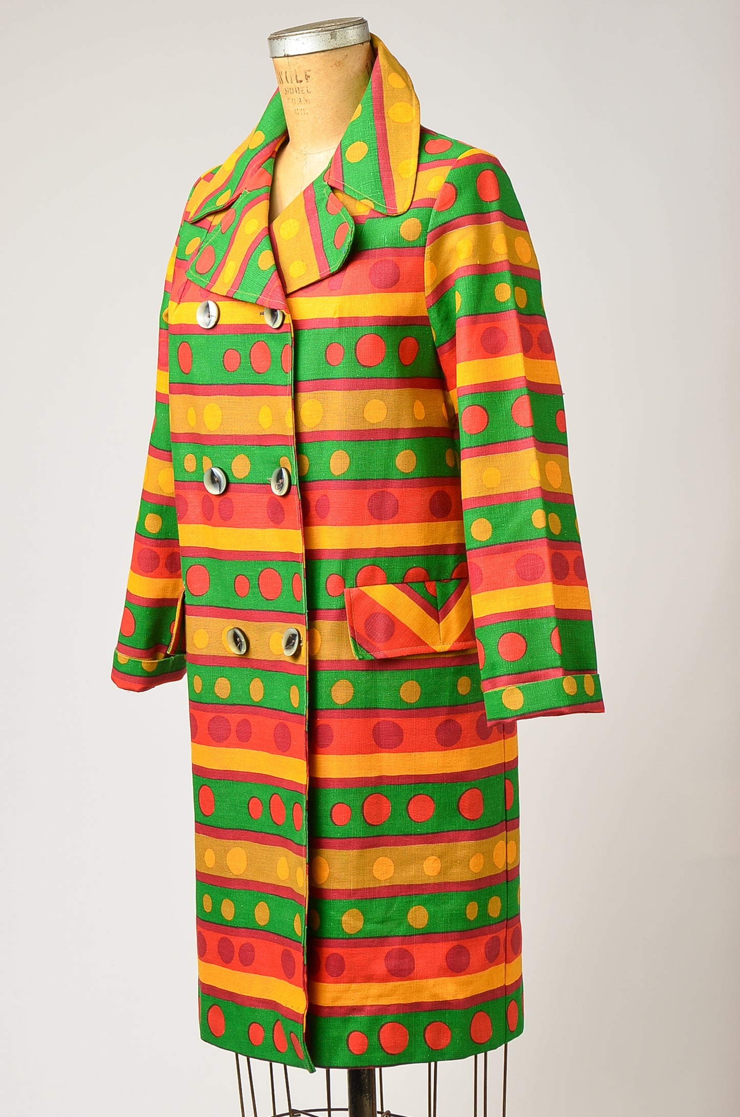 1960s Polka Dot Linen Cotton Coat Coat Double Breasted Pop Art Cotton Coat