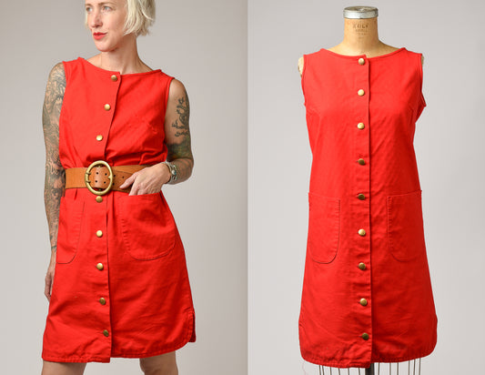 1960s Cotton Pinafore Dress Red Button Down Apron Dress