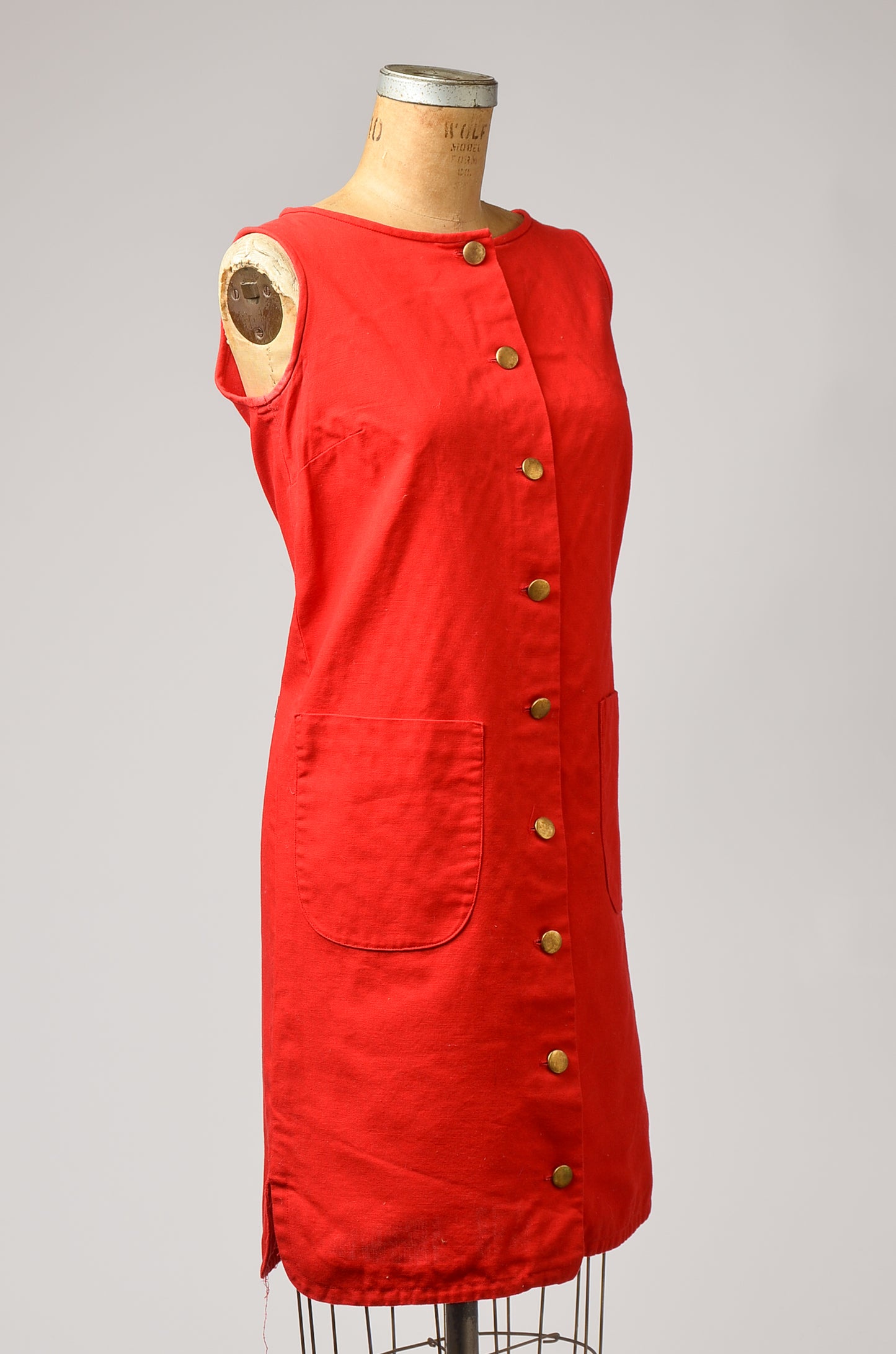 1960s Cotton Pinafore Dress Red Button Down Apron Dress