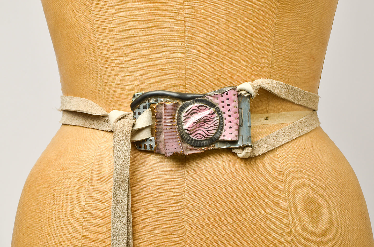 Vintage Ceramic Hippie California Artisan Leather Belt Pink Modern