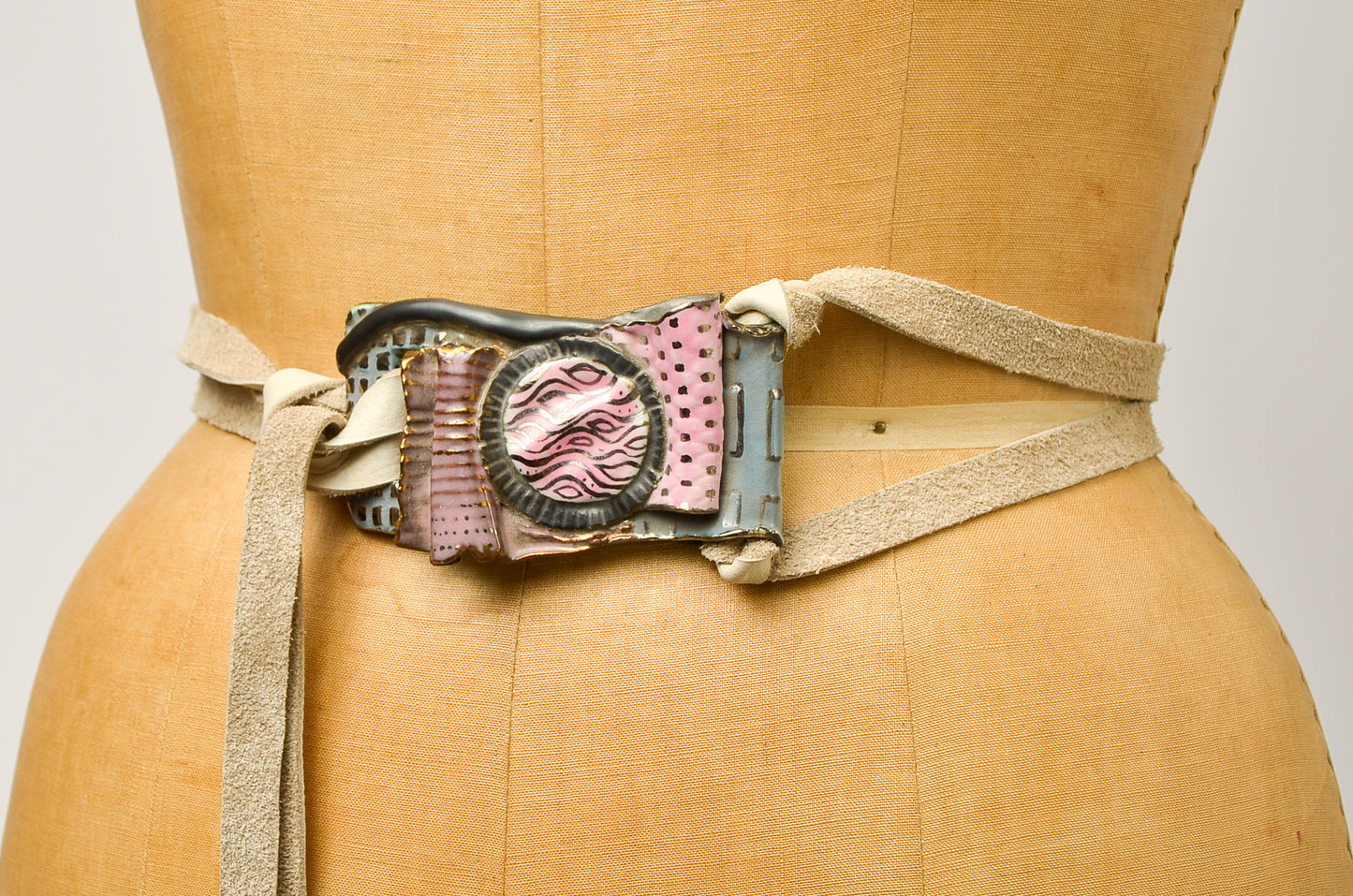 Vintage Ceramic Hippie California Artisan Leather Belt Pink Modern