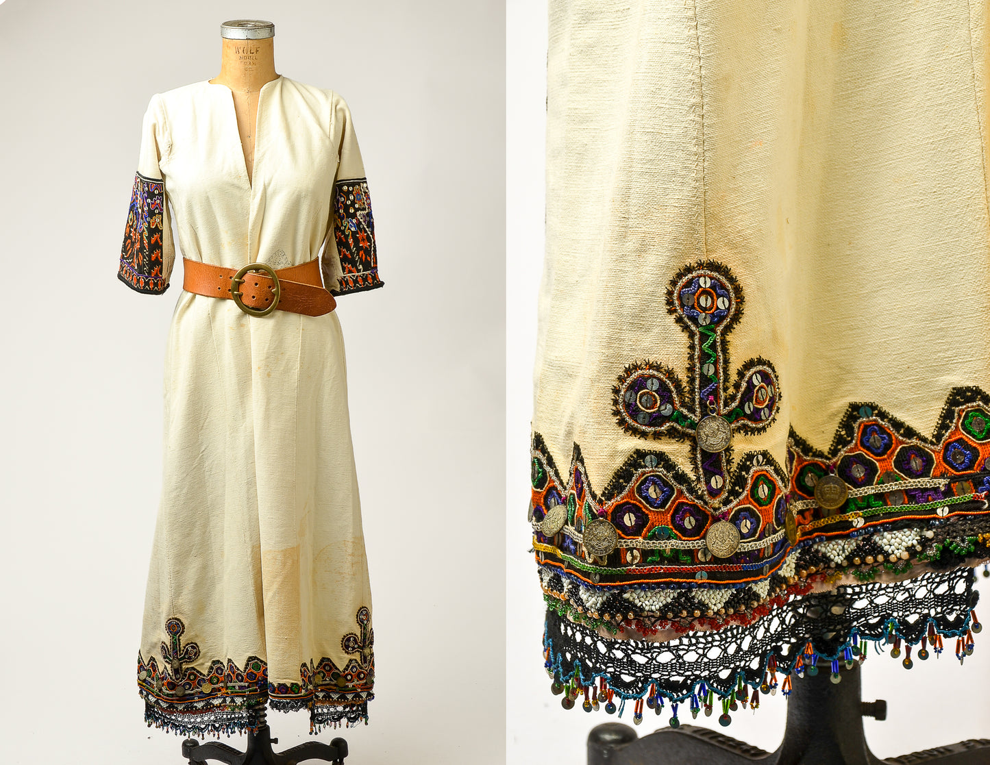 Antique Balkan Folk Dress Heavy Embroidered Bavarian Bell Sleeve Costume Dress