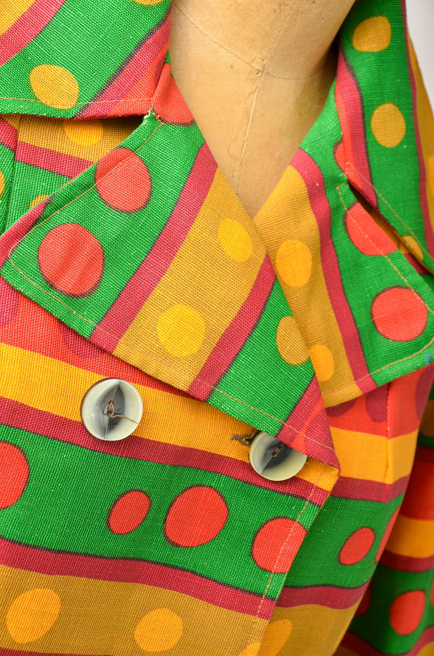 1960s Polka Dot Linen Cotton Coat Coat Double Breasted Pop Art Cotton Coat